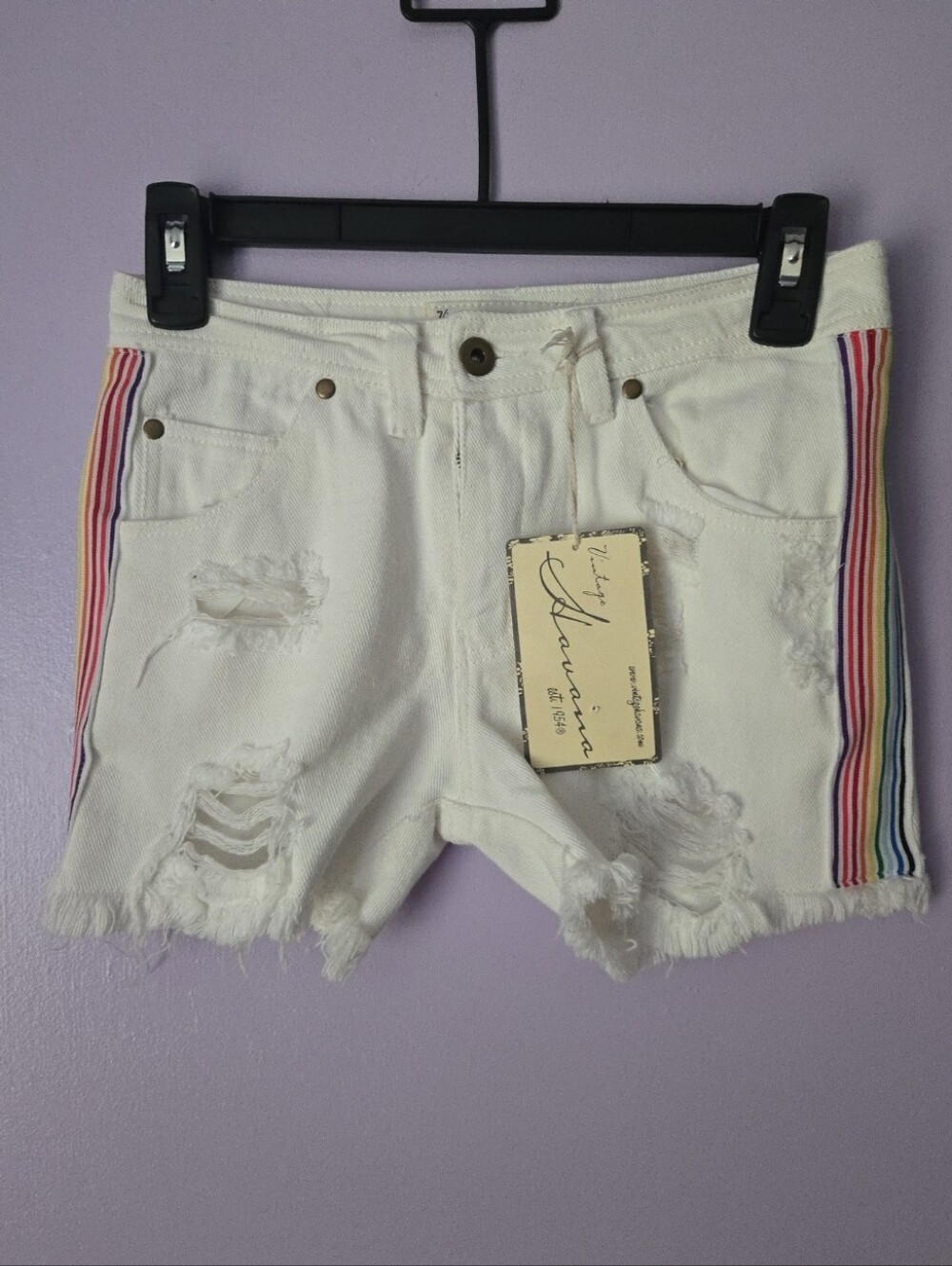 Vintage Havana White Distressed Denim Shorts with Rainbow Stripe
